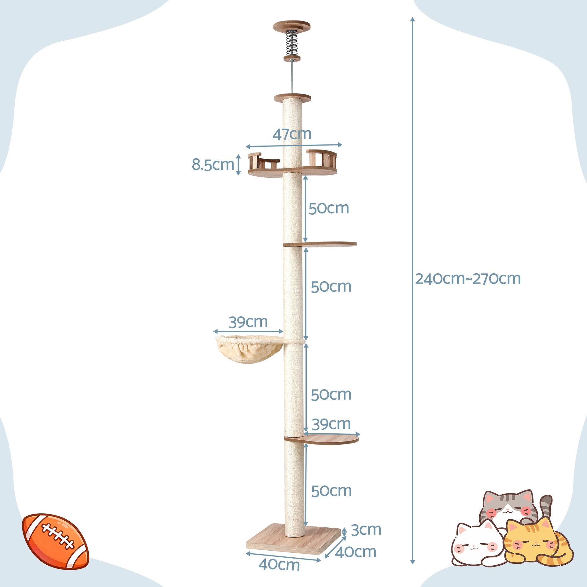 i.Pet Cat Tree Tower Floor to Ceiling Scratching Post 270cm Beige Awezingly