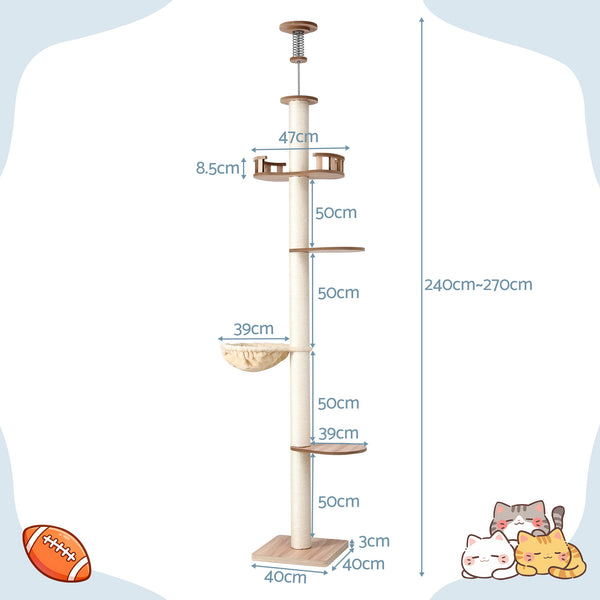 i.Pet Cat Tree Tower Floor to Ceiling Scratching Post 270cm Beige Awezingly