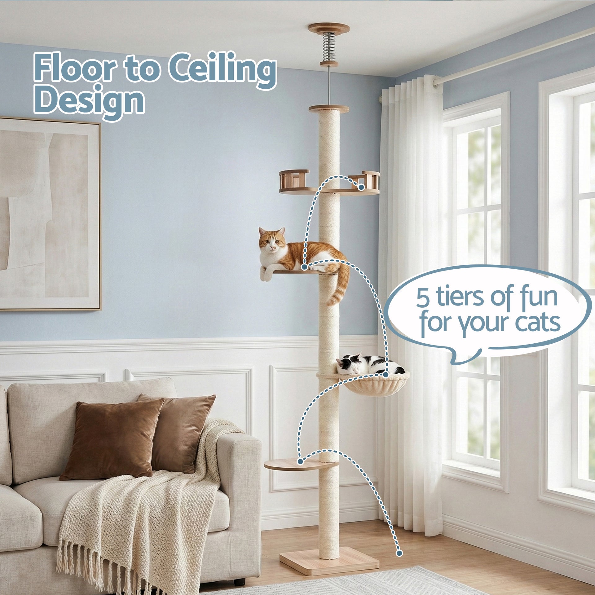 i.Pet Cat Tree Tower Floor to Ceiling Scratching Post 270cm Beige Awezingly