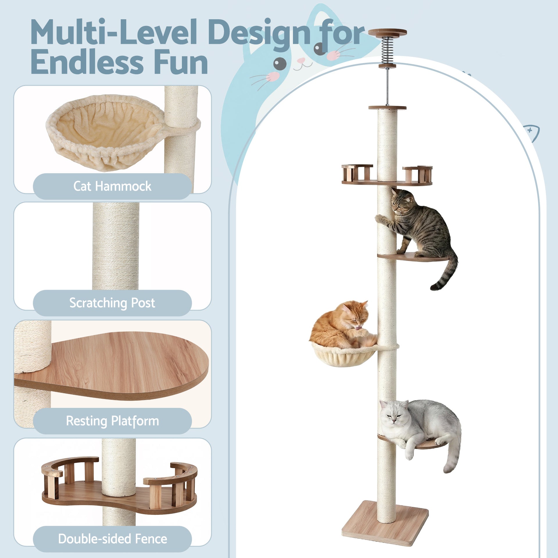 i.Pet Cat Tree Tower Floor to Ceiling Scratching Post 270cm Beige Awezingly