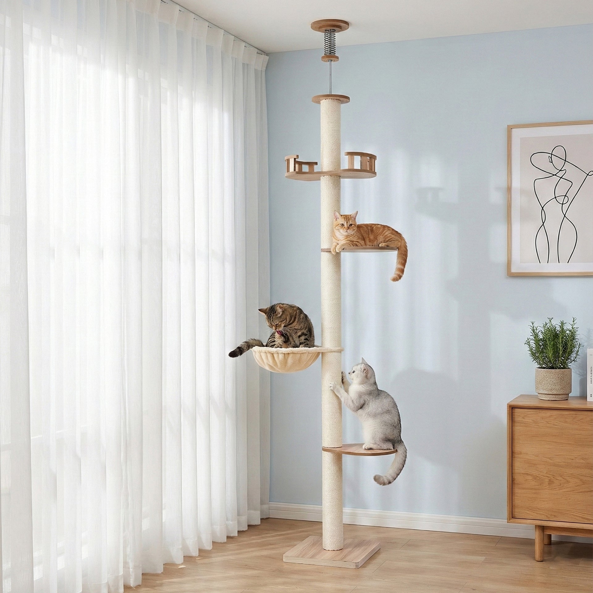 i.Pet Cat Tree Tower Floor to Ceiling Scratching Post 270cm Beige Awezingly