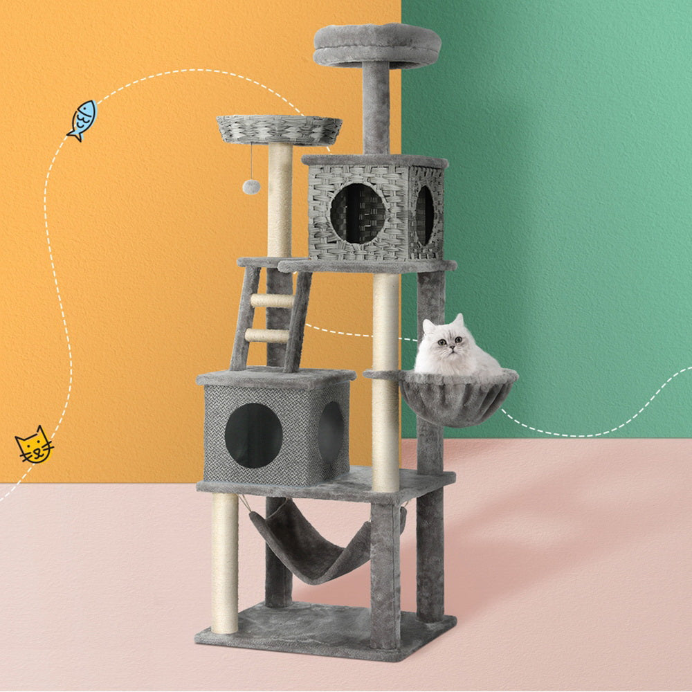 i.Pet Cat Tree 169cm Tower Scratching Post Scratcher Wood Bed Condo House Rattan Ladder i.Pet