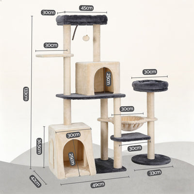 i.Pet Cat Tree Tower 133cm Rotatable L-Shape Design Scratching Post Furniture Scratcher House Grey & Beige