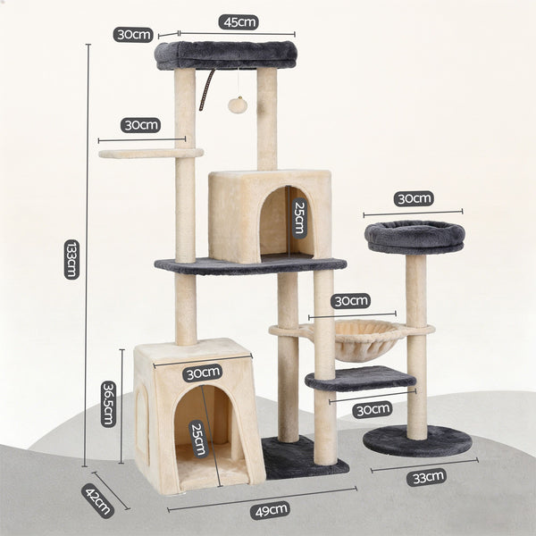 i.Pet Cat Tree Tower 133cm Rotatable L-Shape Design Scratching Post Furniture Scratcher House Grey & Beige i.Pet