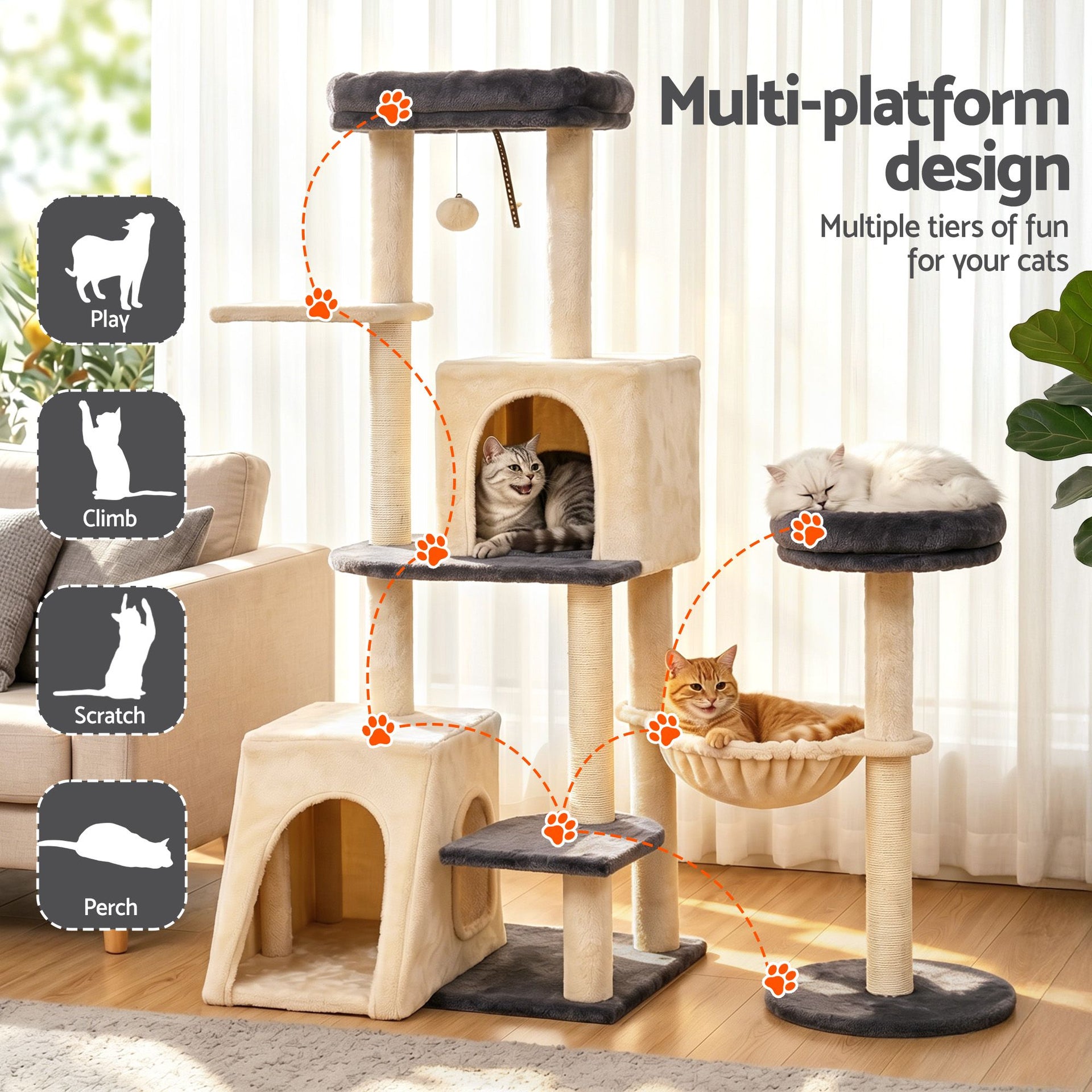 i.Pet Cat Tree Tower 133cm Rotatable L-Shape Design Scratching Post Furniture Scratcher House Grey & Beige i.Pet