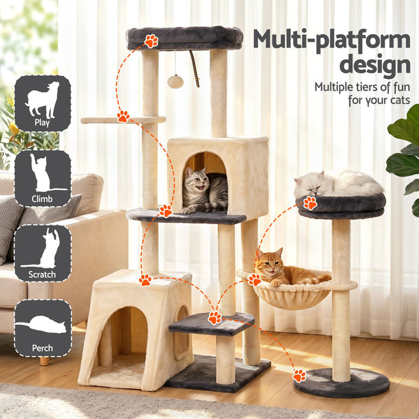 i.Pet Cat Tree Tower 133cm Rotatable L-Shape Design Scratching Post Furniture Scratcher House Grey & Beige i.Pet