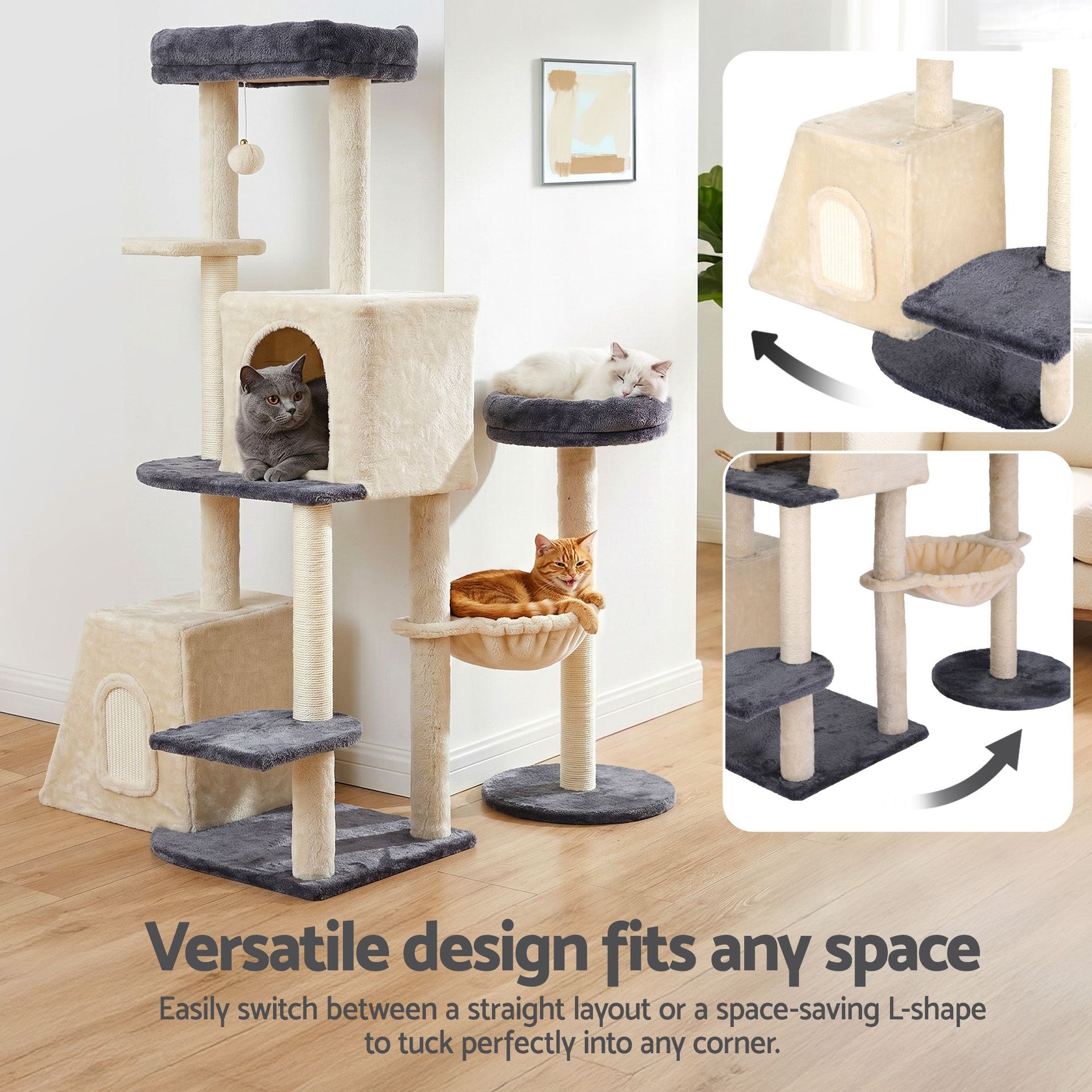 i.Pet Cat Tree Tower 133cm Rotatable L-Shape Design Scratching Post Furniture Scratcher House Grey & Beige i.Pet