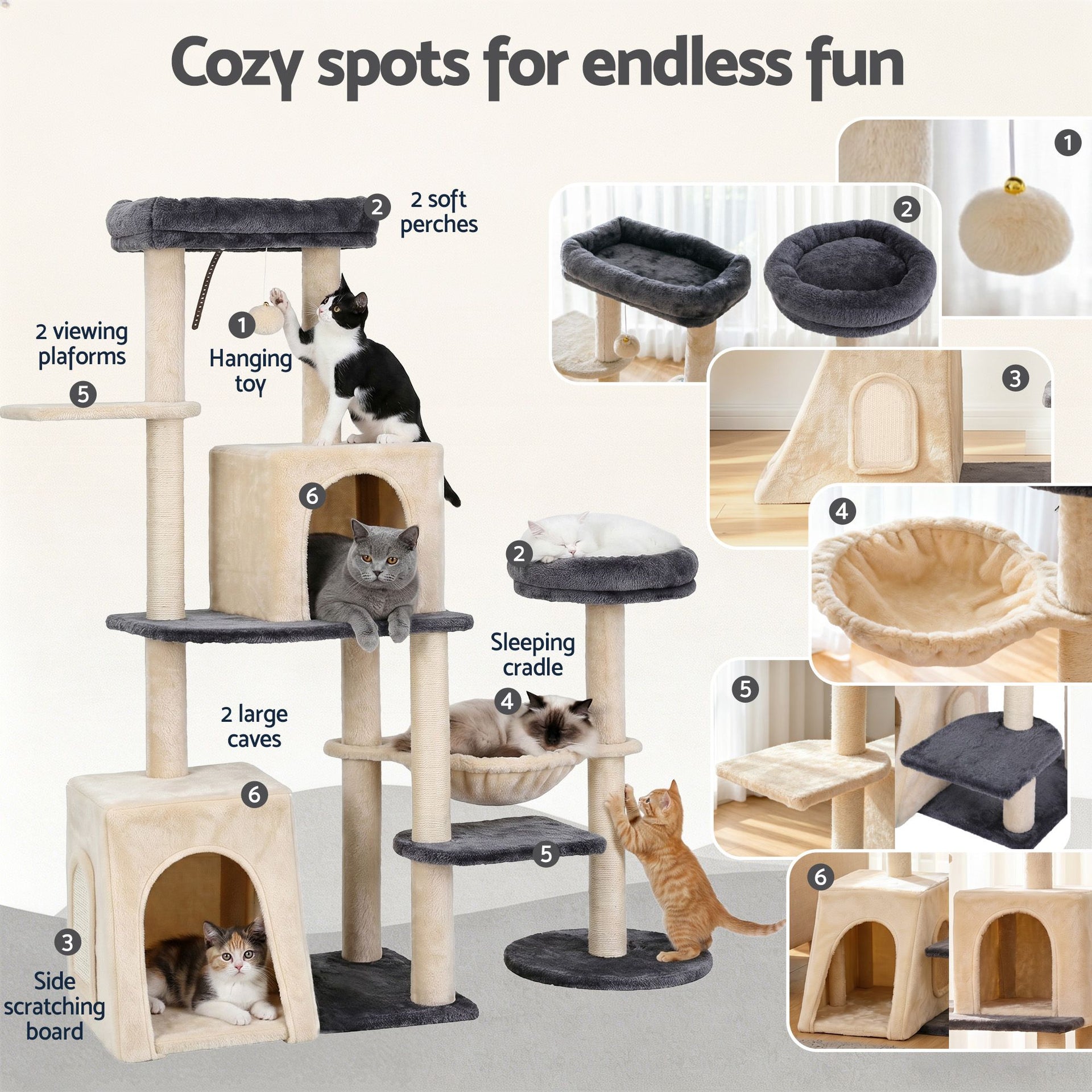 i.Pet Cat Tree Tower 133cm Rotatable L-Shape Design Scratching Post Furniture Scratcher House Grey & Beige i.Pet