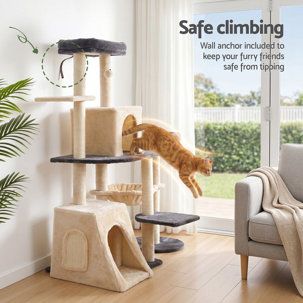 i.Pet Cat Tree Tower 133cm Rotatable L-Shape Design Scratching Post Furniture Scratcher House Grey & Beige i.Pet
