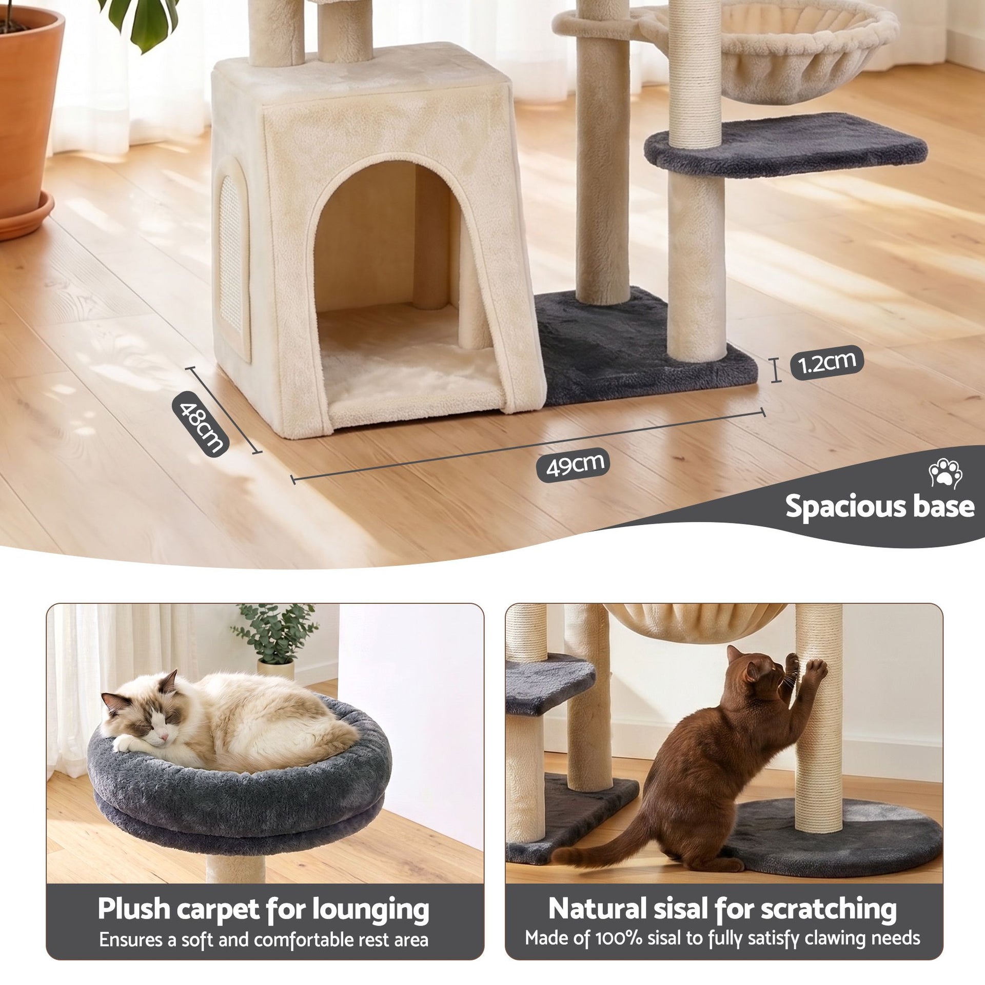 i.Pet Cat Tree Tower 133cm Rotatable L-Shape Design Scratching Post Furniture Scratcher House Grey & Beige i.Pet