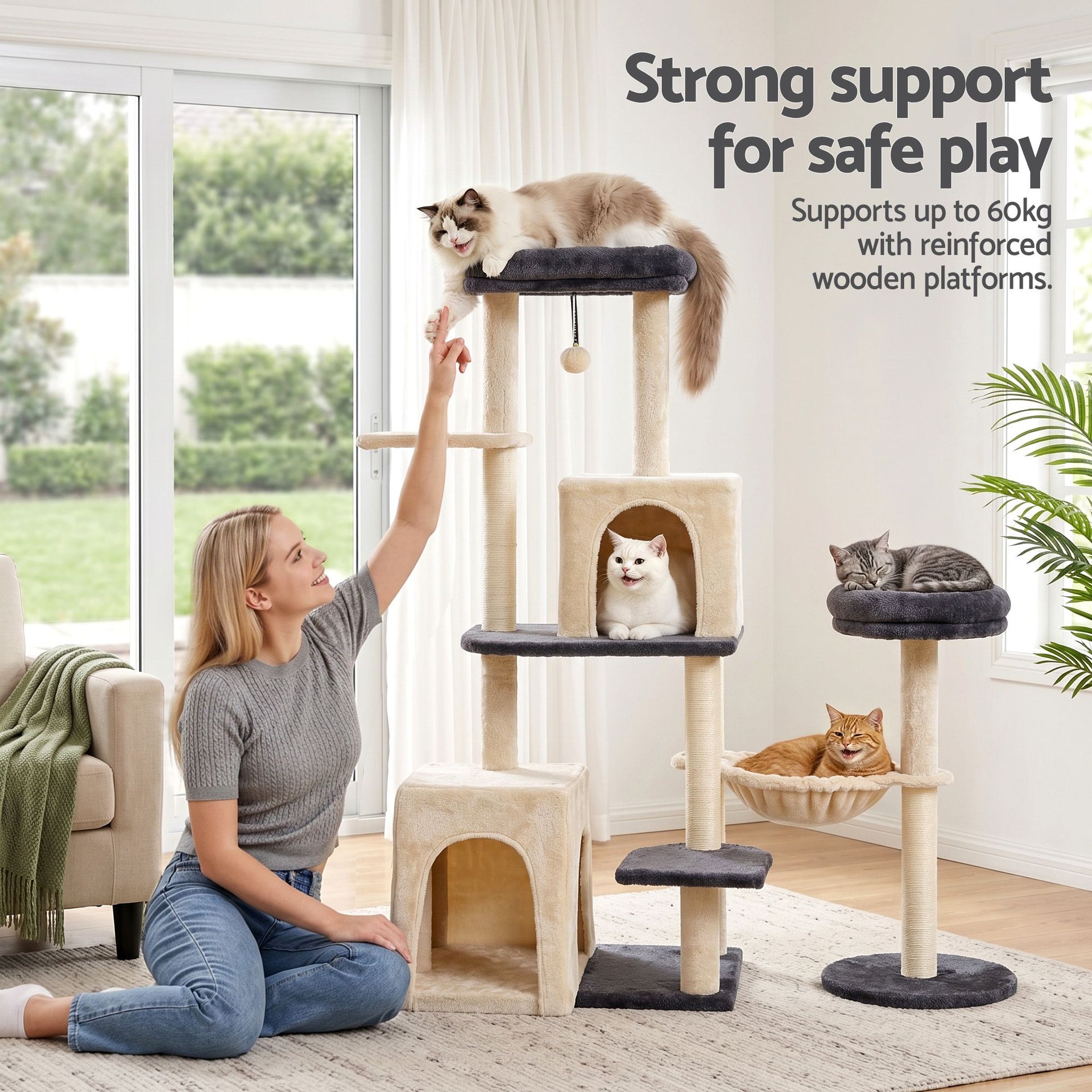 i.Pet Cat Tree Tower 133cm Rotatable L-Shape Design Scratching Post Furniture Scratcher House Grey & Beige i.Pet