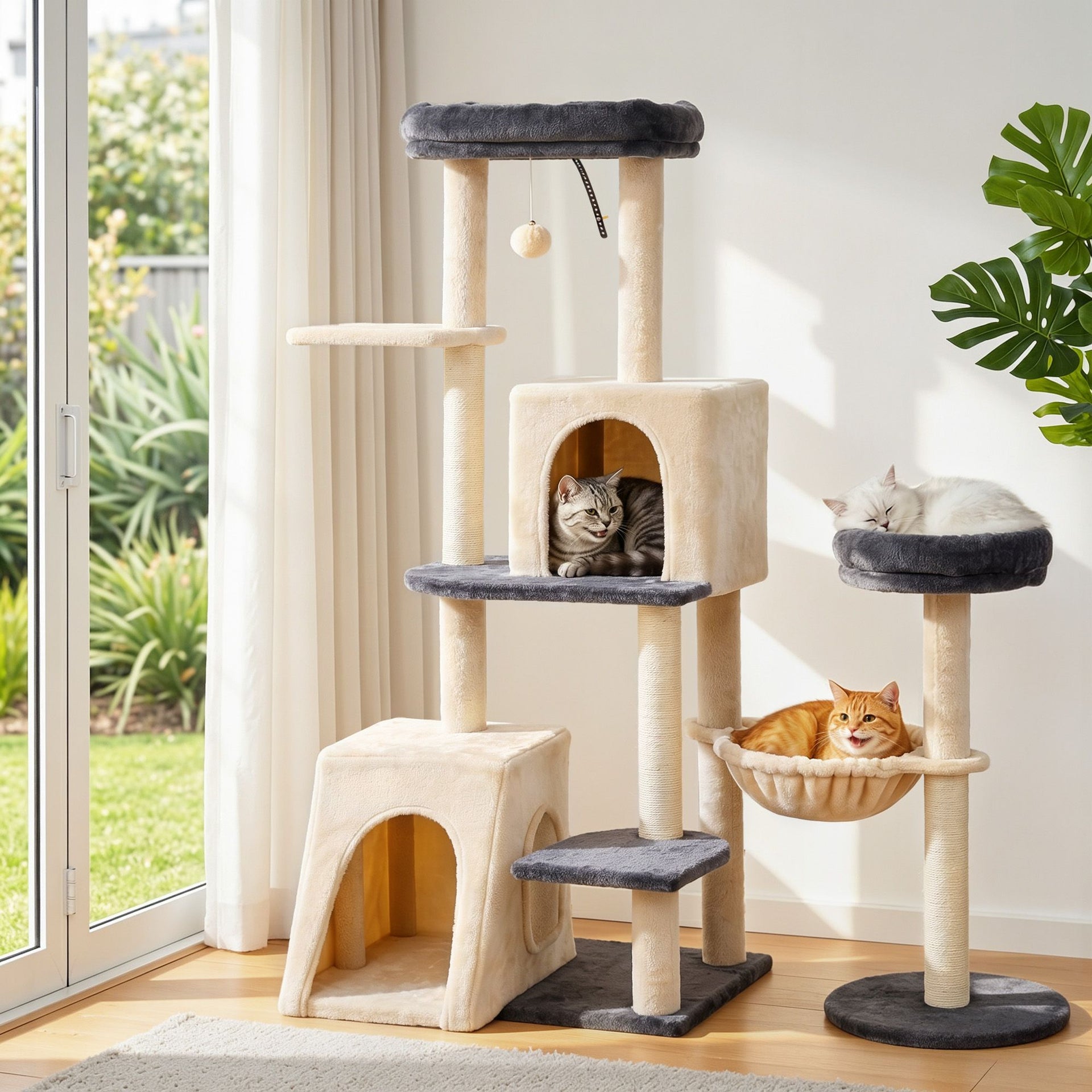 i.Pet Cat Tree Tower 133cm Rotatable L-Shape Design Scratching Post Furniture Scratcher House Grey & Beige i.Pet