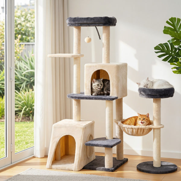 i.Pet Cat Tree Tower 133cm Rotatable L-Shape Design Scratching Post Furniture Scratcher House Grey & Beige i.Pet
