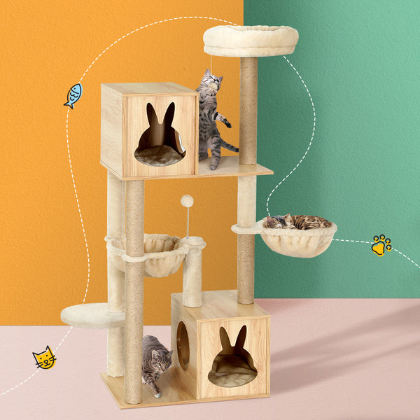 i.Pet Cat Tree 141cm Tower Scratching Post Scratcher Wood Bed Condo Toys House Ladder i.Pet