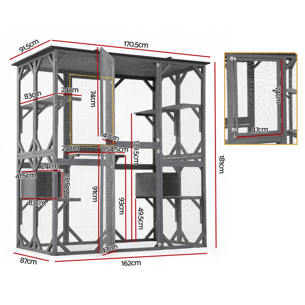 i.Pet Cat House 181cm Outdoor Catio Enclosure Walk-In Large Rabbit Hutch Grey Awezingly