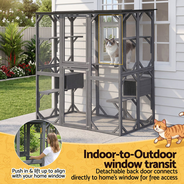 i.Pet Cat House 181cm Outdoor Catio Enclosure Walk-In Large Rabbit Hutch Grey Awezingly