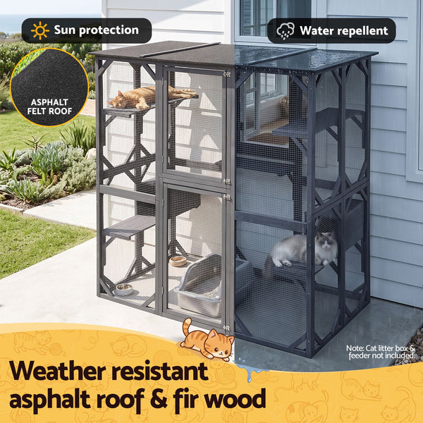 i.Pet Cat House 181cm Outdoor Catio Enclosure Walk-In Large Rabbit Hutch Grey Awezingly