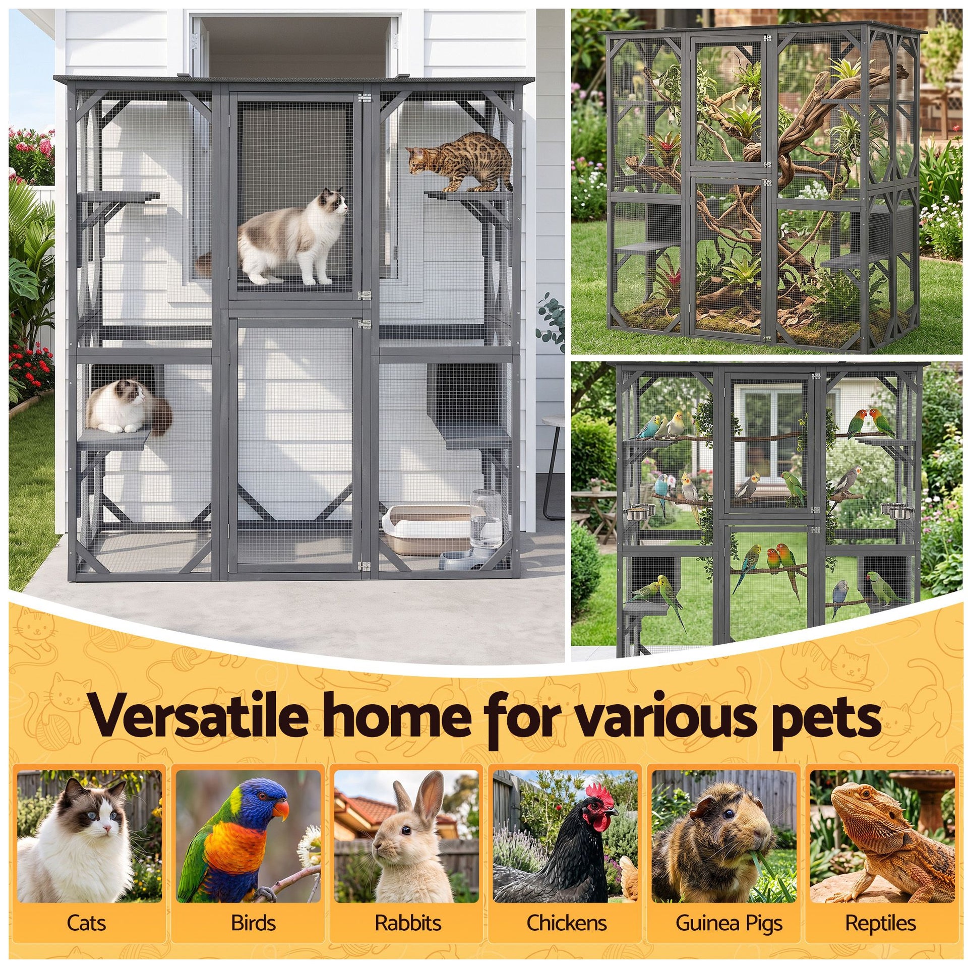 i.Pet Cat House 181cm Outdoor Catio Enclosure Walk-In Large Rabbit Hutch Grey Awezingly