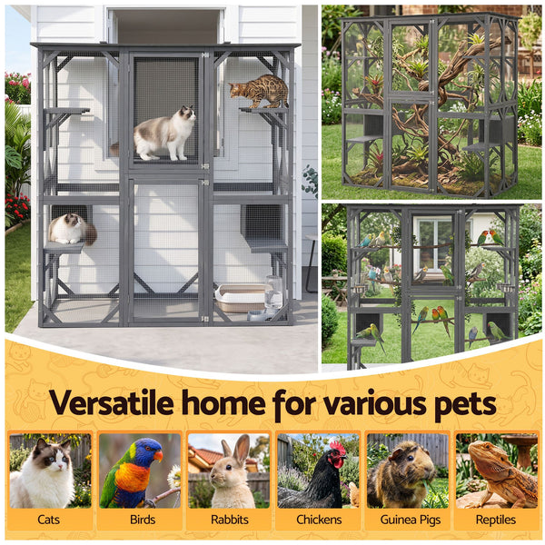 i.Pet Cat House 181cm Outdoor Catio Enclosure Walk-In Large Rabbit Hutch Grey Awezingly