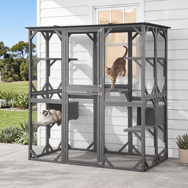 i.Pet Cat House 181cm Outdoor Catio Enclosure Walk-In Large Rabbit Hutch Grey Awezingly