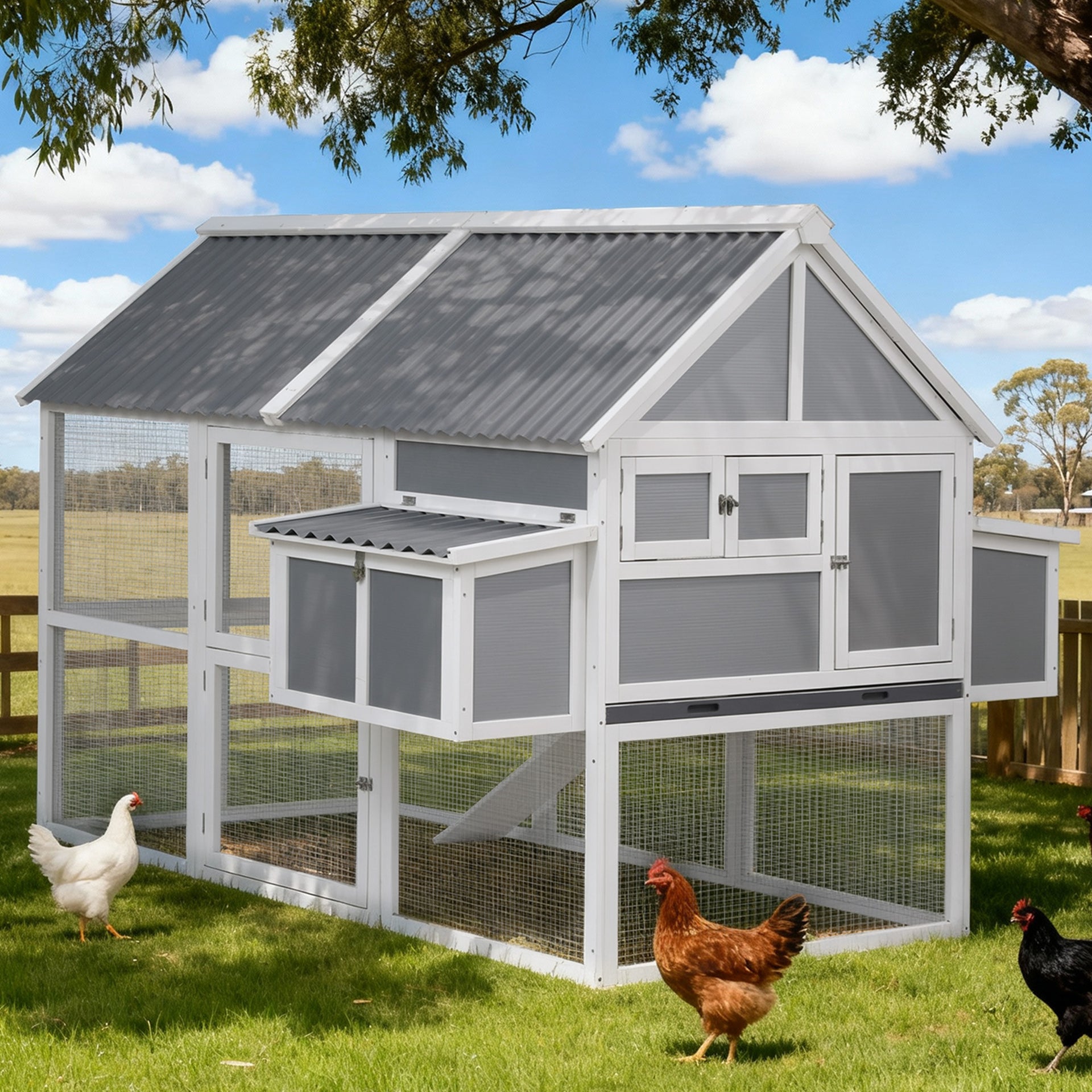 i.Pet Chicken Coop Large Outdoor Rabbit Hutch Chook House Hatch Box With Run Grey White Awezingly