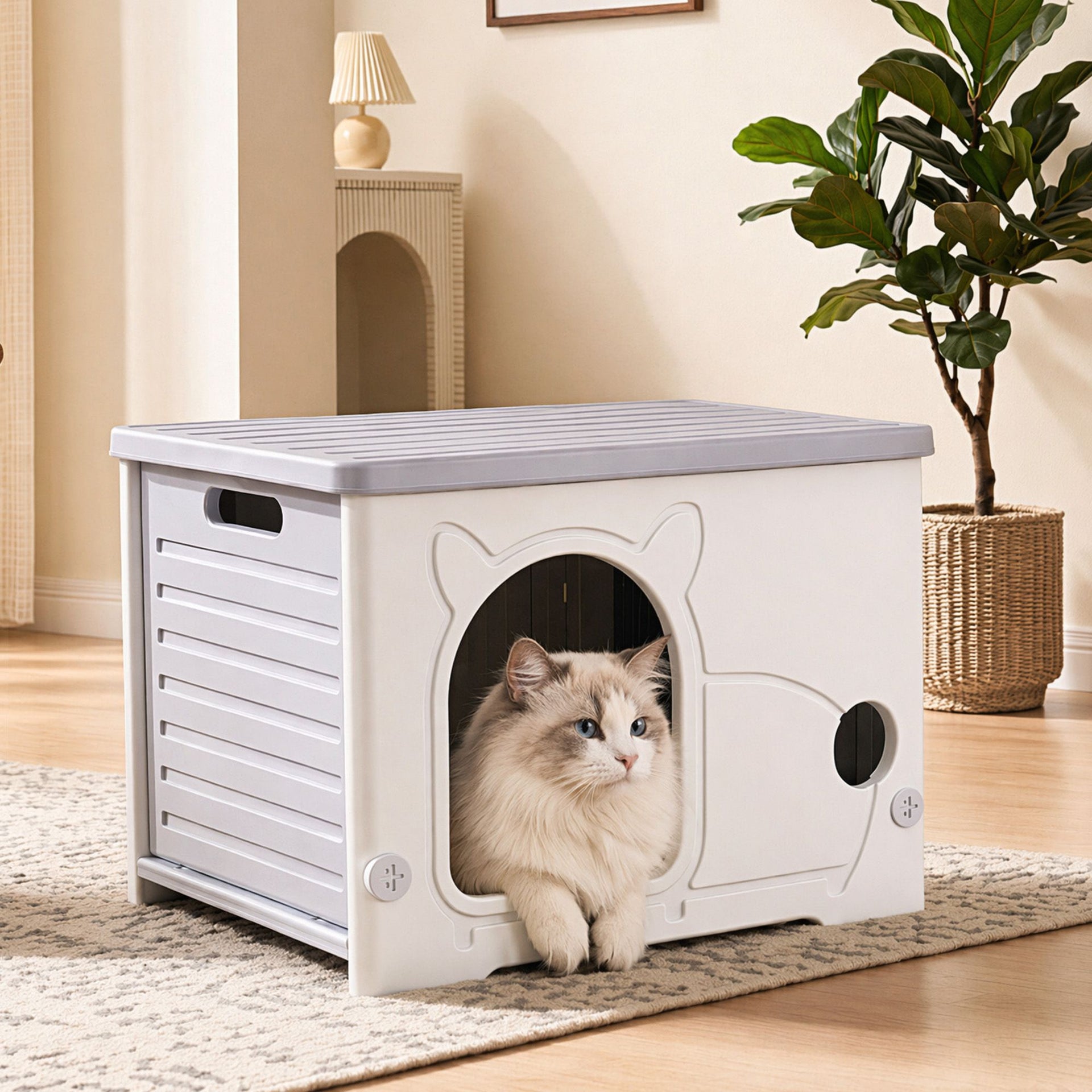 i.Pet Cat House Enclosed Shelter Plastic Nest Stackable Bench Box Outdoor Indoor Grey Awezingly