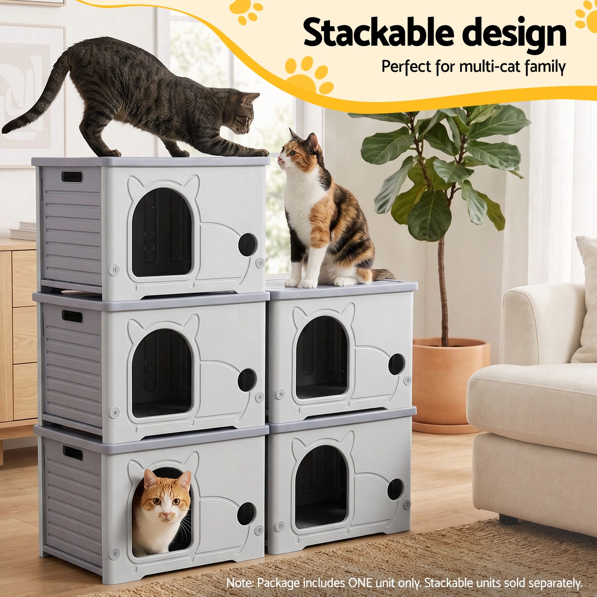 i.Pet Cat House Enclosed Shelter Plastic Nest Stackable Bench Box Outdoor Indoor Grey Awezingly