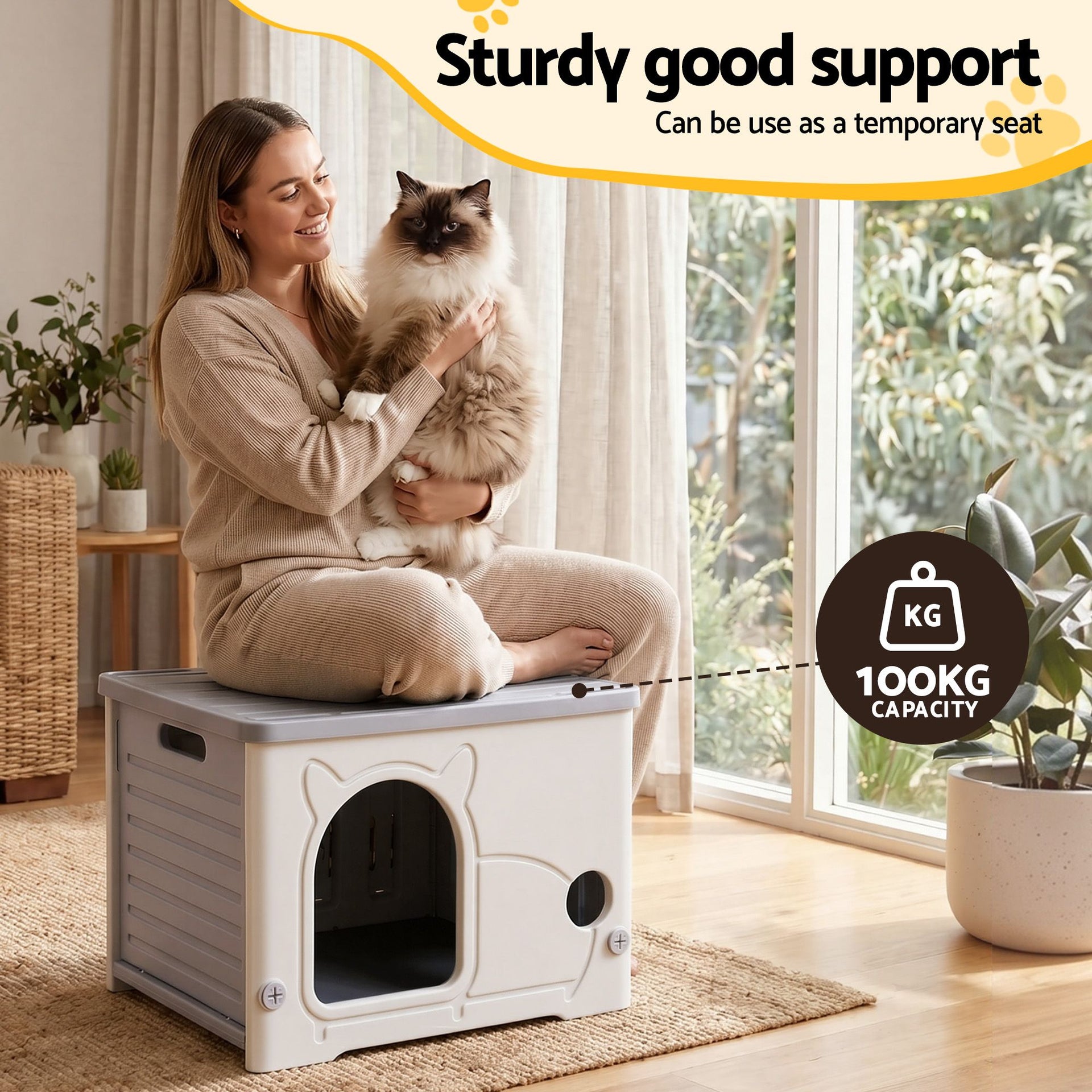 i.Pet Cat House Enclosed Shelter Plastic Nest Stackable Bench Box Outdoor Indoor Grey Awezingly