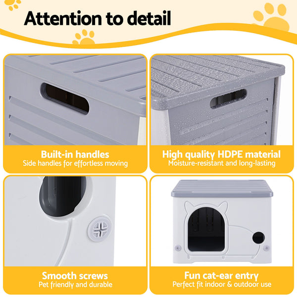 i.Pet Cat House Enclosed Shelter Plastic Nest Stackable Bench Box Outdoor Indoor Grey Awezingly