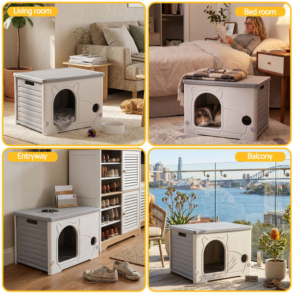 i.Pet Cat House Enclosed Shelter Plastic Nest Stackable Bench Box Outdoor Indoor Grey Awezingly