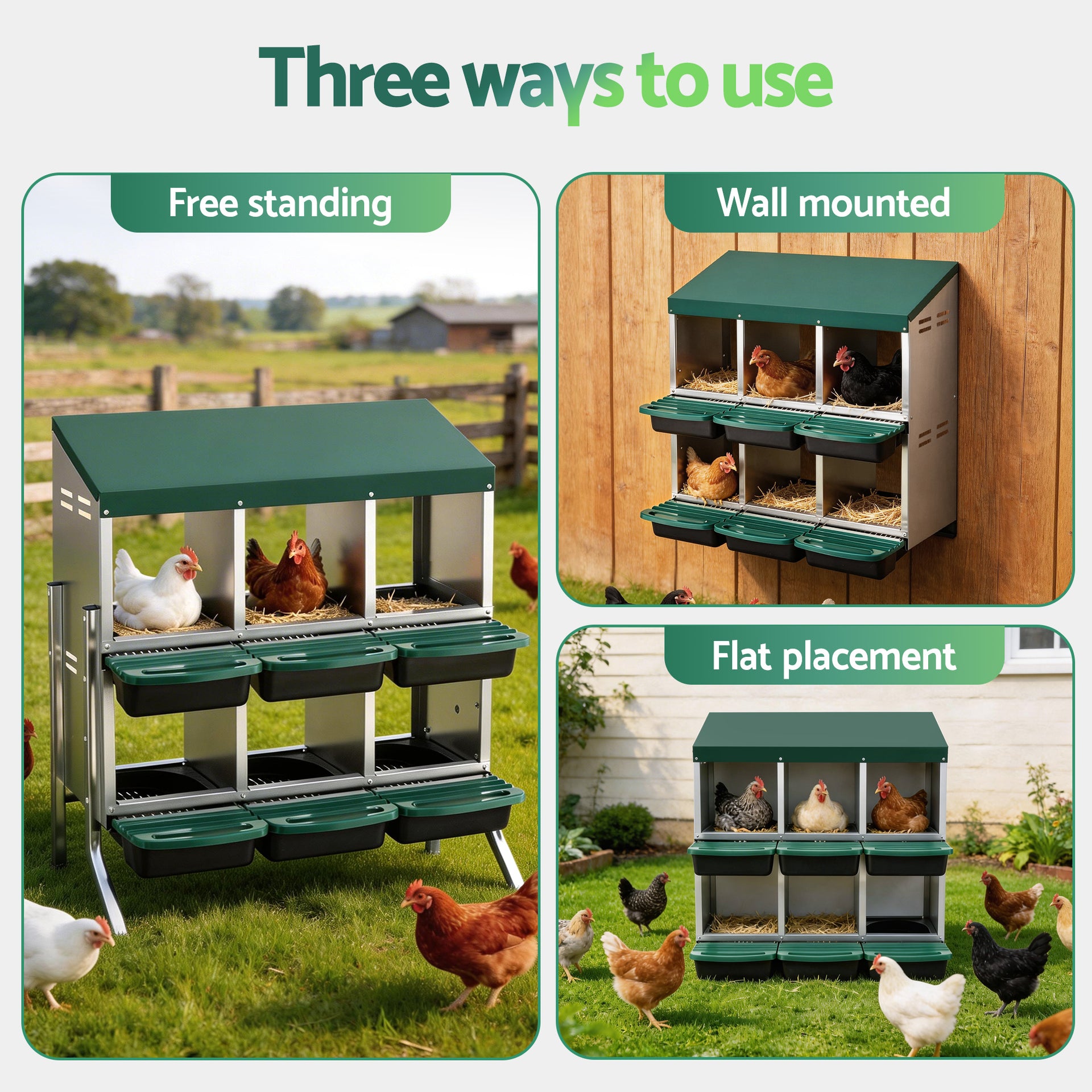 i.Pet Chicken Nesting Box Roll Away Metal Nesting Box Wall Mounted 6 Holes Green Awezingly