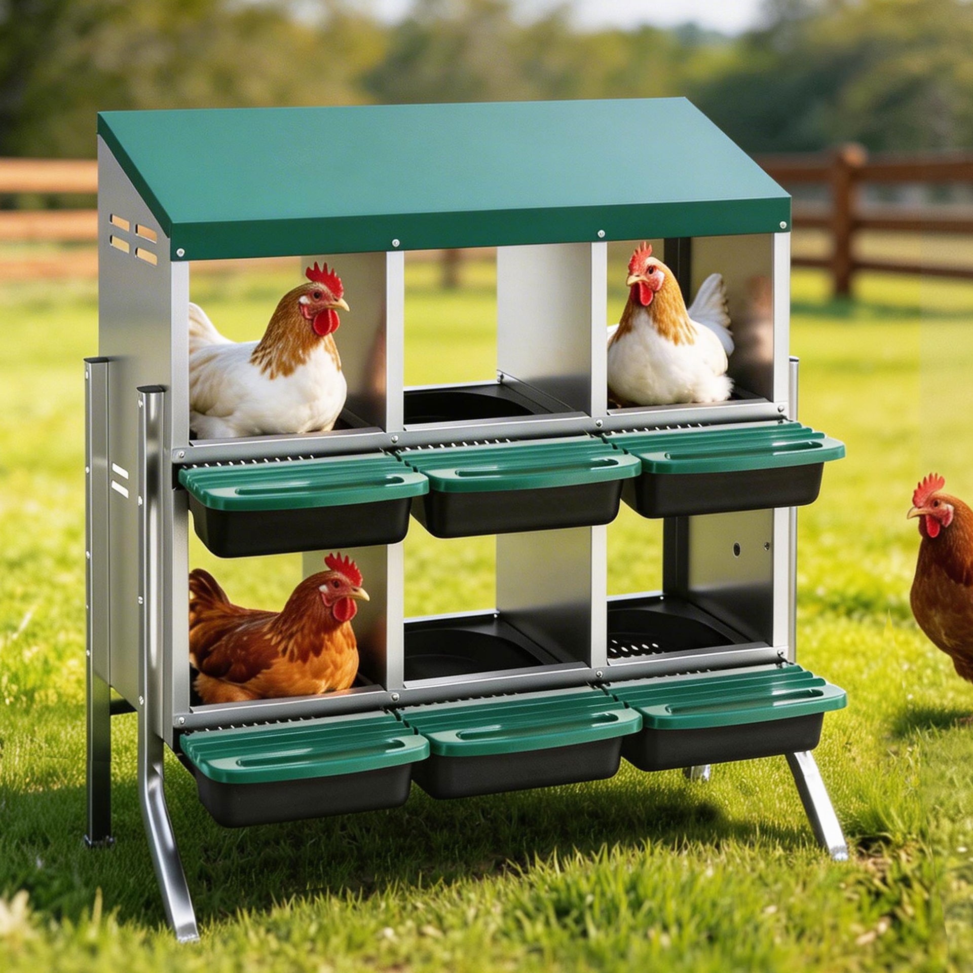 i.Pet Chicken Nesting Box Roll Away Metal Nesting Box Wall Mounted 6 Holes Green Awezingly