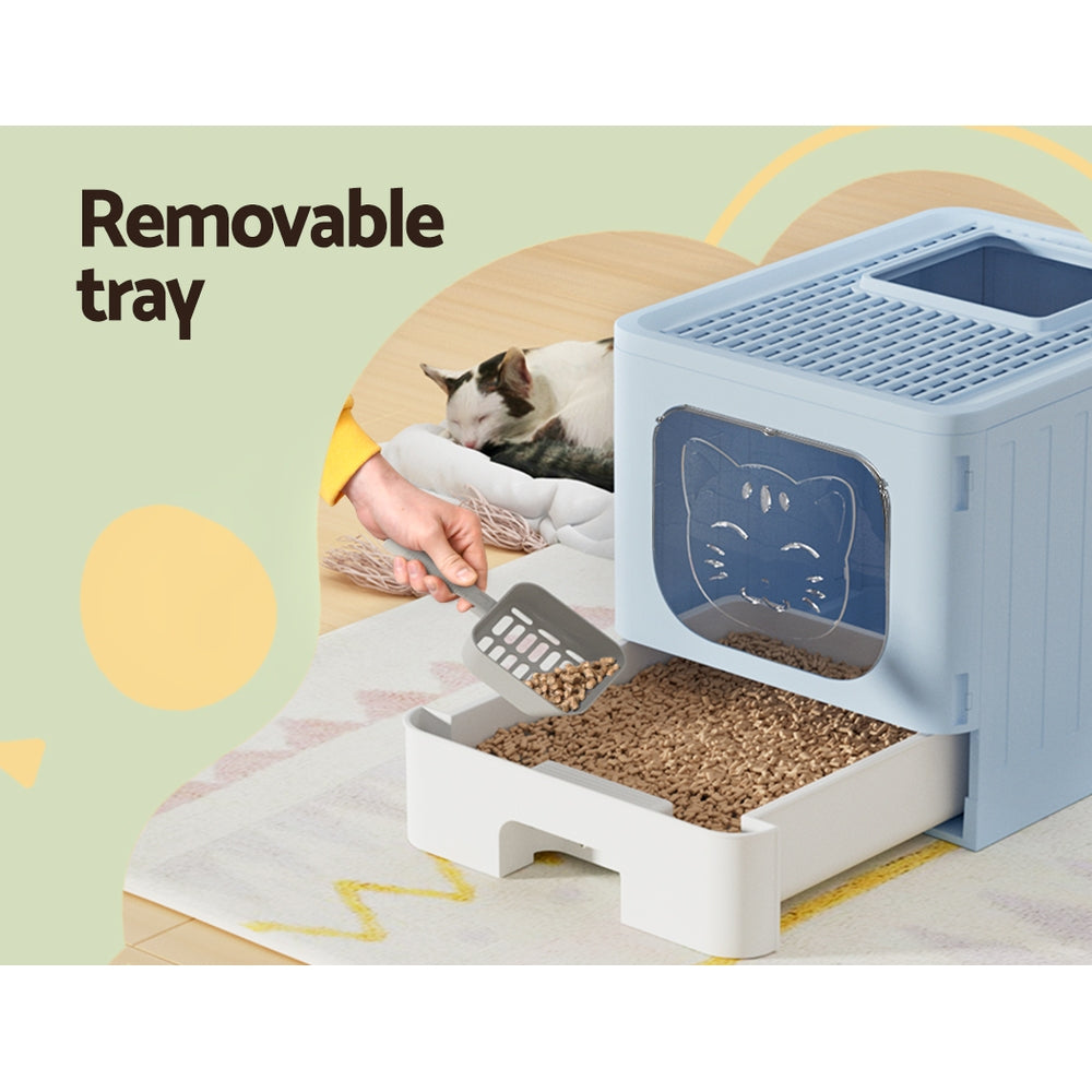 i.Pet Cat Litter Box Large Tray Kitty Toilet Enclosed Hooded Foldable Cat Litter Box Scoop Blue i.Pet