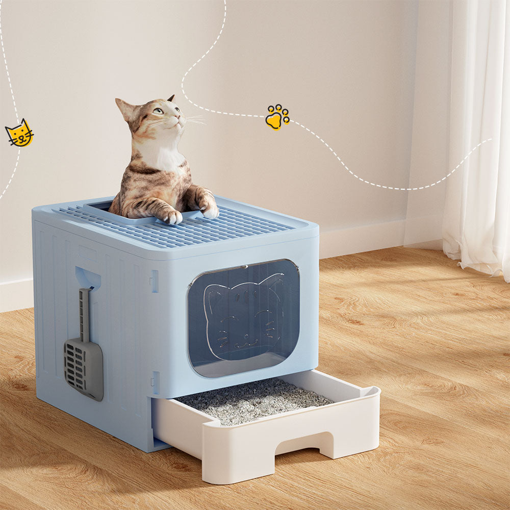 i.Pet Cat Litter Box Large Tray Kitty Toilet Enclosed Hooded Foldable Cat Litter Box Scoop Blue i.Pet