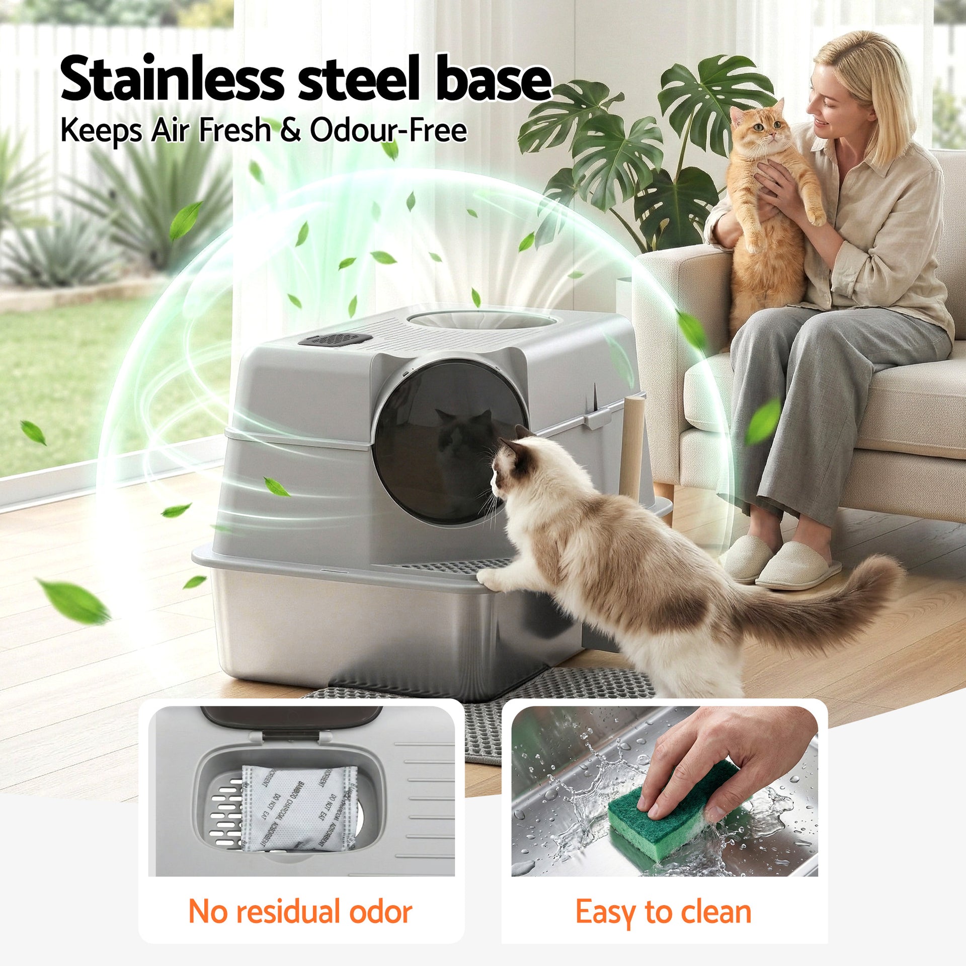 i.Pet Cat Litter Box Large Stainless Steel High Sided Pet Toilet Odour Control Awezingly