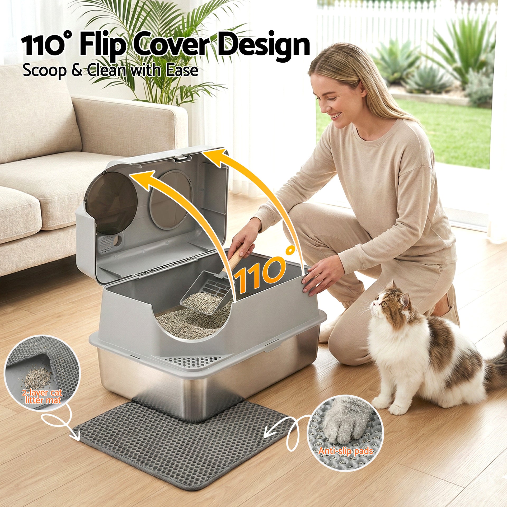 i.Pet Cat Litter Box Large Stainless Steel High Sided Pet Toilet Odour Control Awezingly