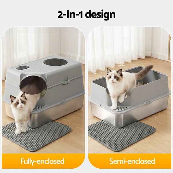 i.Pet Cat Litter Box Large Stainless Steel High Sided Pet Toilet Odour Control Awezingly
