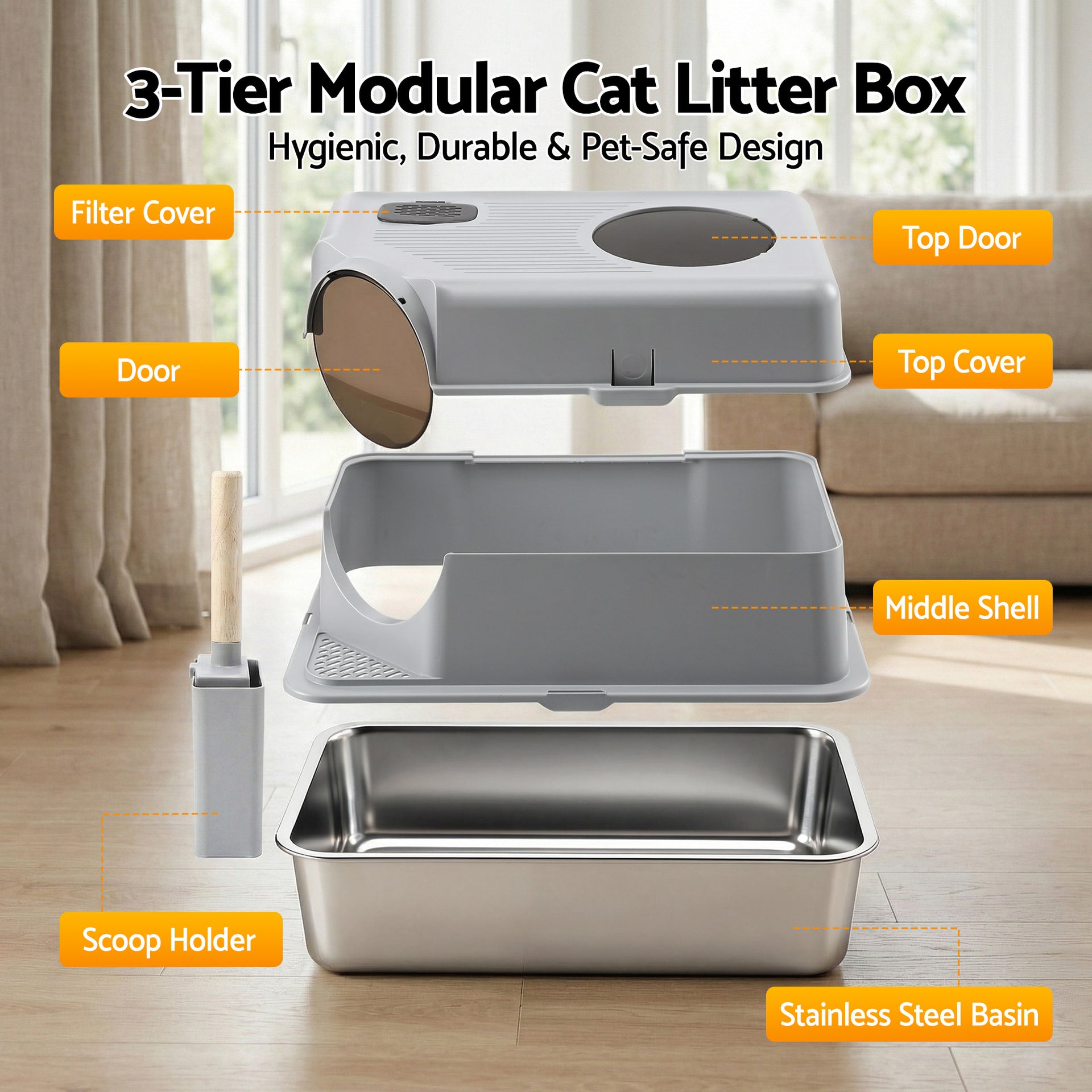 i.Pet Cat Litter Box Large Stainless Steel High Sided Pet Toilet Odour Control Awezingly