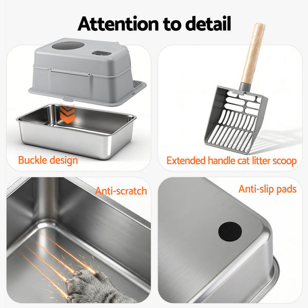 i.Pet Cat Litter Box Large Stainless Steel High Sided Pet Toilet Odour Control Awezingly