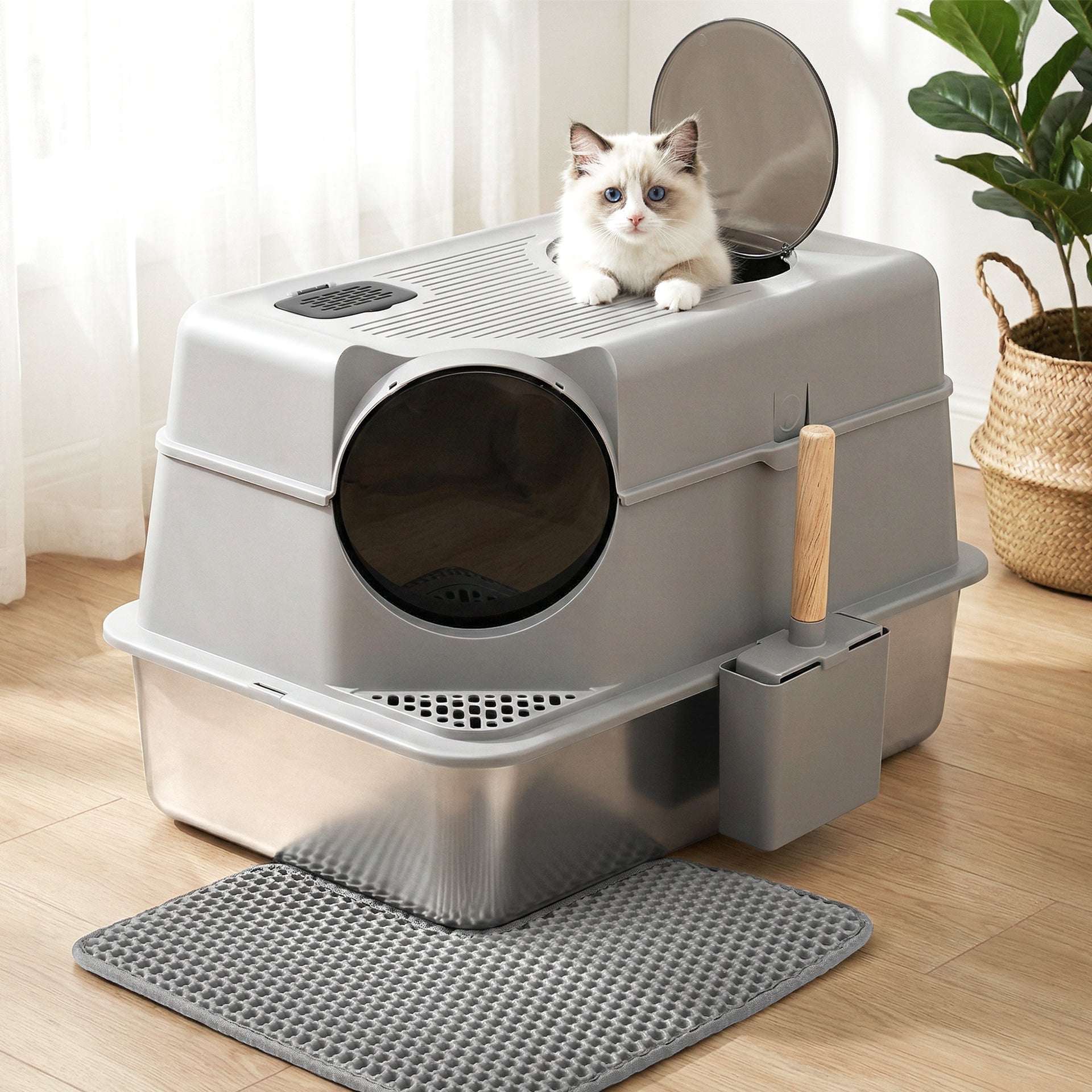 i.Pet Cat Litter Box Large Stainless Steel High Sided Pet Toilet Odour Control Awezingly