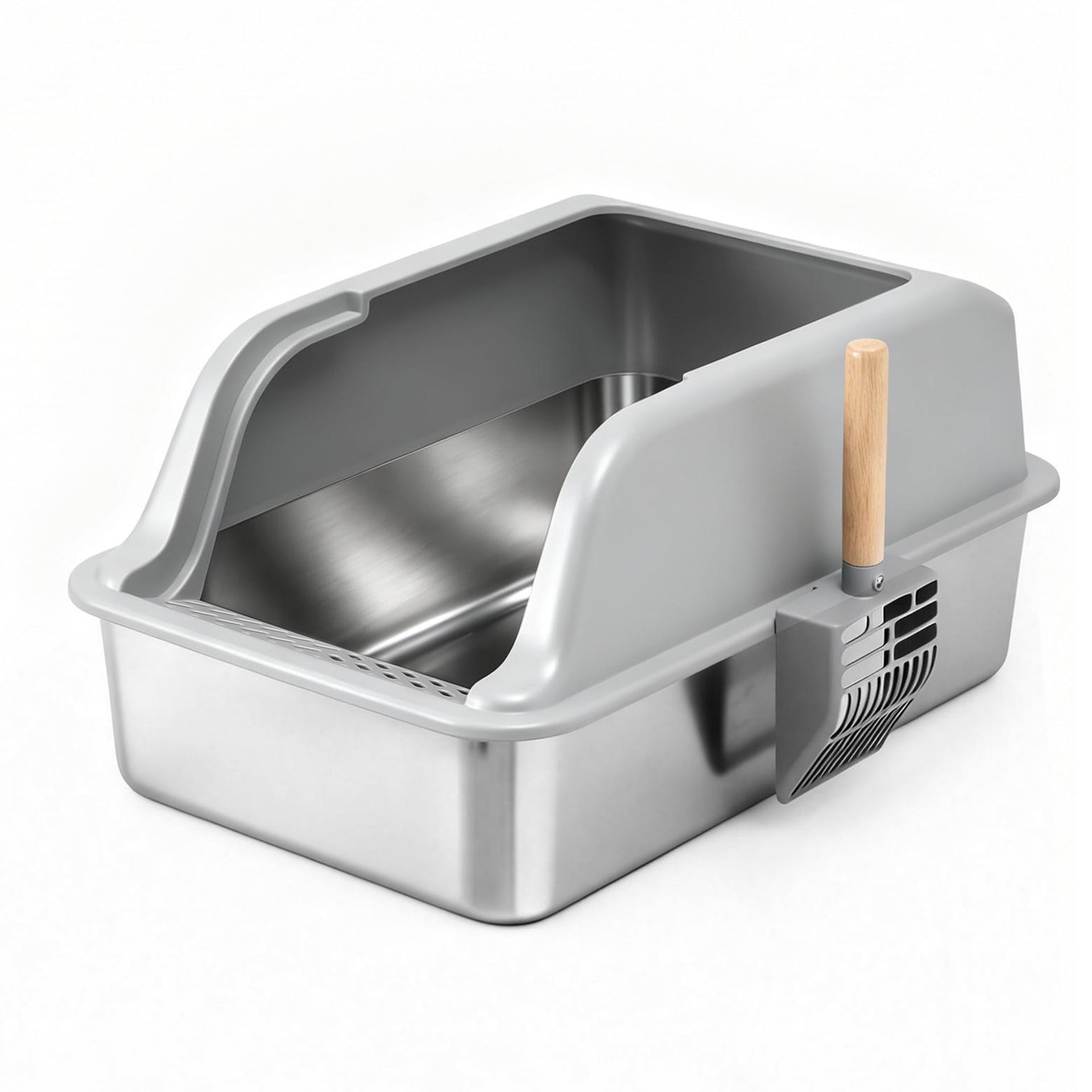i.Pet Cat Litter Box Stainless Steel Large Semi-Enclosed Pet Kitty Toilet Grey Awezingly