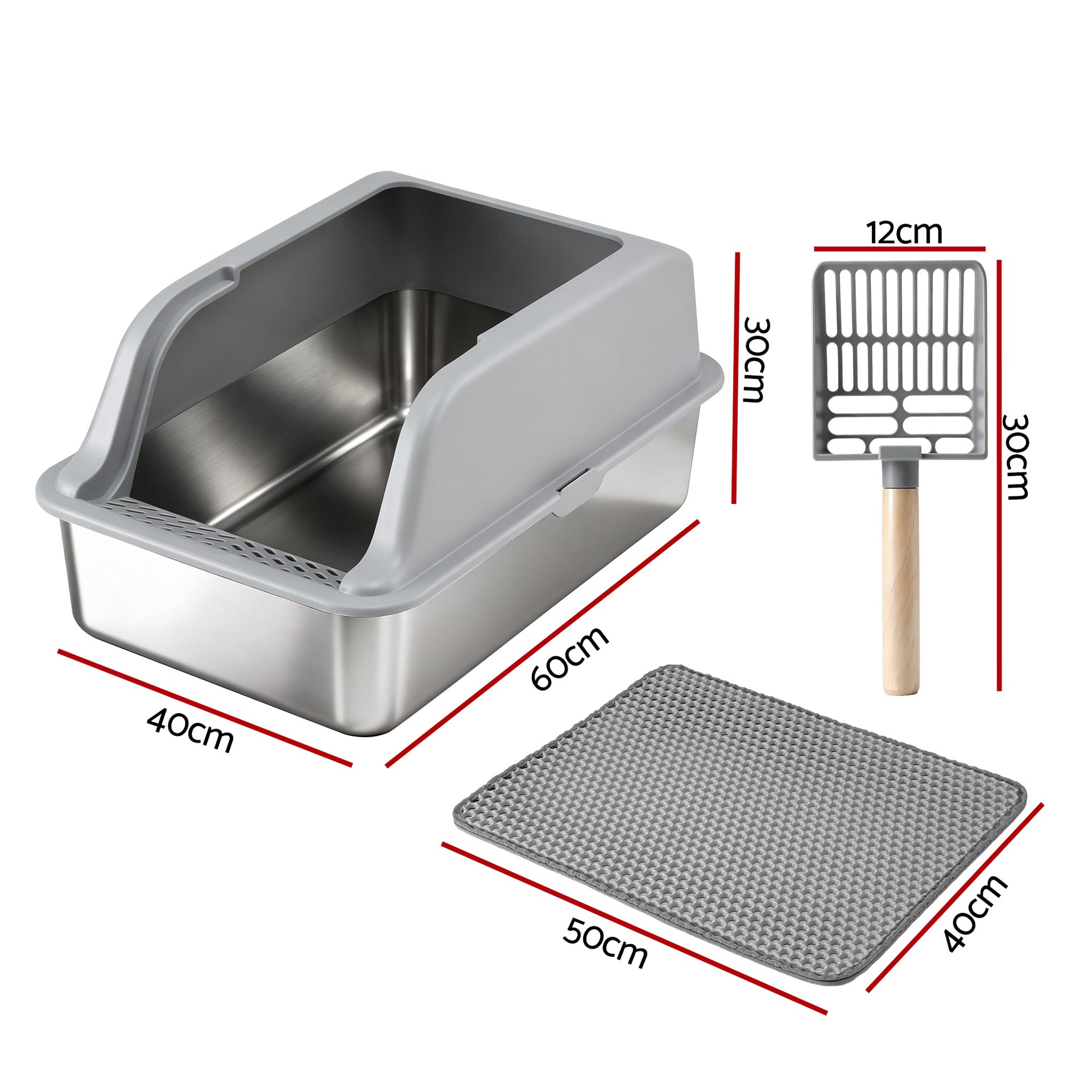 i.Pet Cat Litter Box Stainless Steel Large Semi-Enclosed Pet Kitty Toilet Grey Awezingly