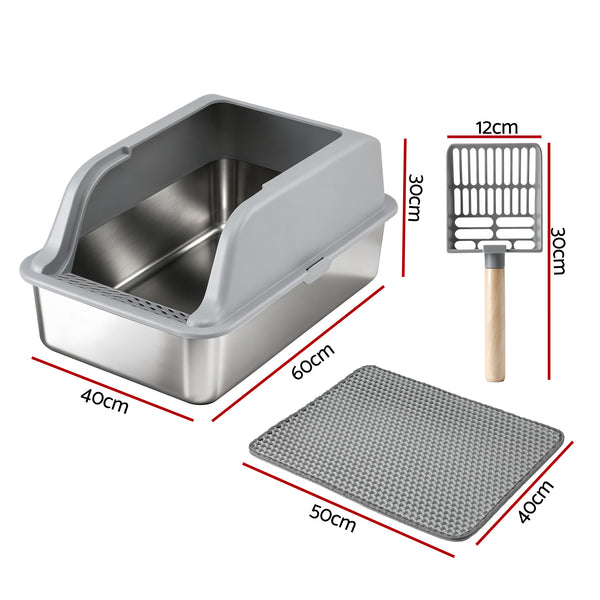 i.Pet Cat Litter Box Stainless Steel Large Semi-Enclosed Pet Kitty Toilet Grey Awezingly