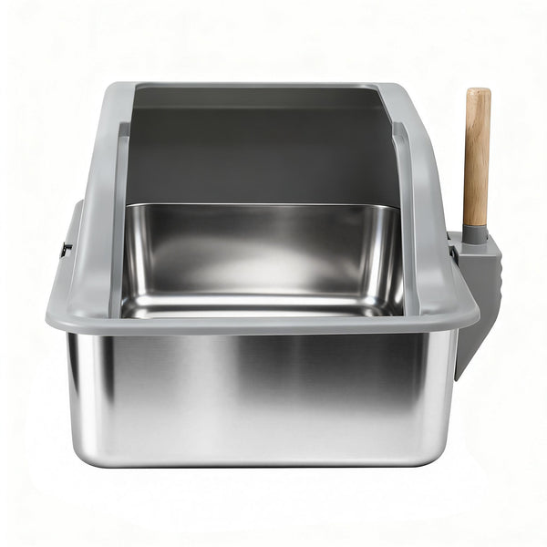 i.Pet Cat Litter Box Stainless Steel Large Semi-Enclosed Pet Kitty Toilet Grey Awezingly