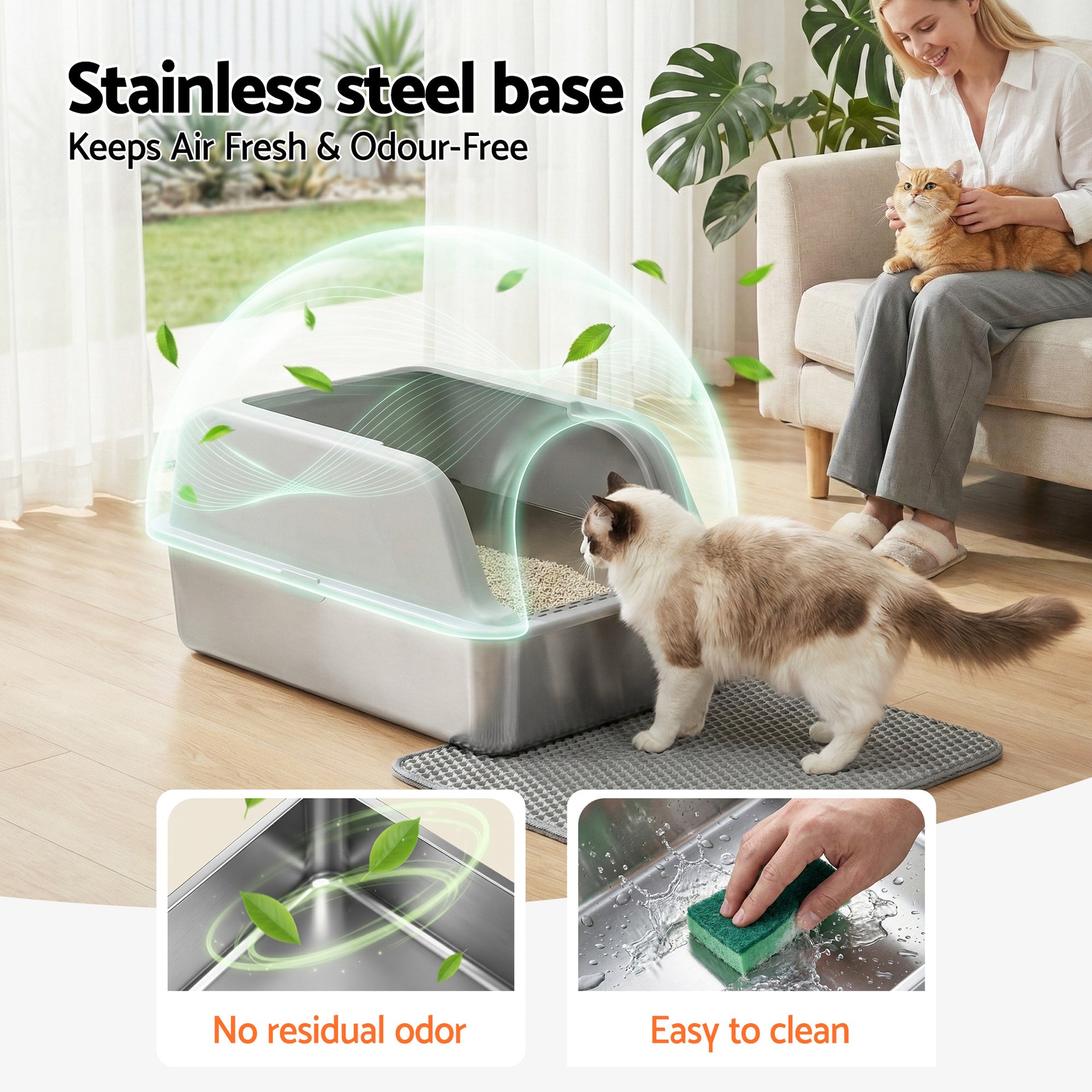 i.Pet Cat Litter Box Stainless Steel Large Semi-Enclosed Pet Kitty Toilet Grey Awezingly