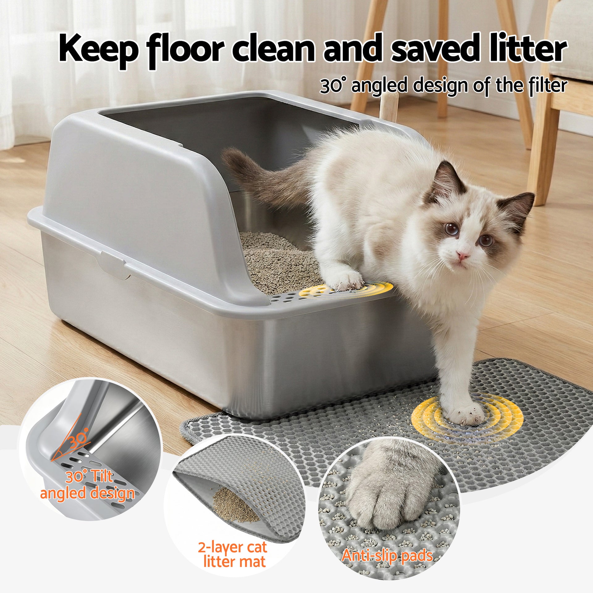i.Pet Cat Litter Box Stainless Steel Large Semi-Enclosed Pet Kitty Toilet Grey Awezingly