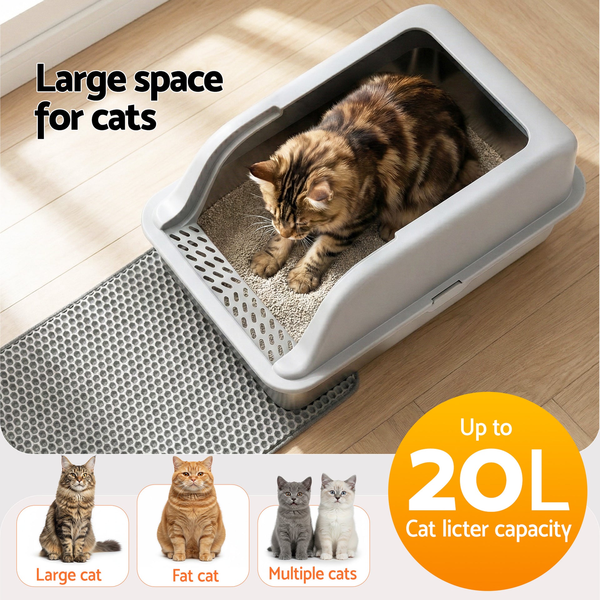 i.Pet Cat Litter Box Stainless Steel Large Semi-Enclosed Pet Kitty Toilet Grey Awezingly