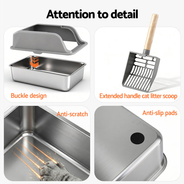 i.Pet Cat Litter Box Stainless Steel Large Semi-Enclosed Pet Kitty Toilet Grey Awezingly