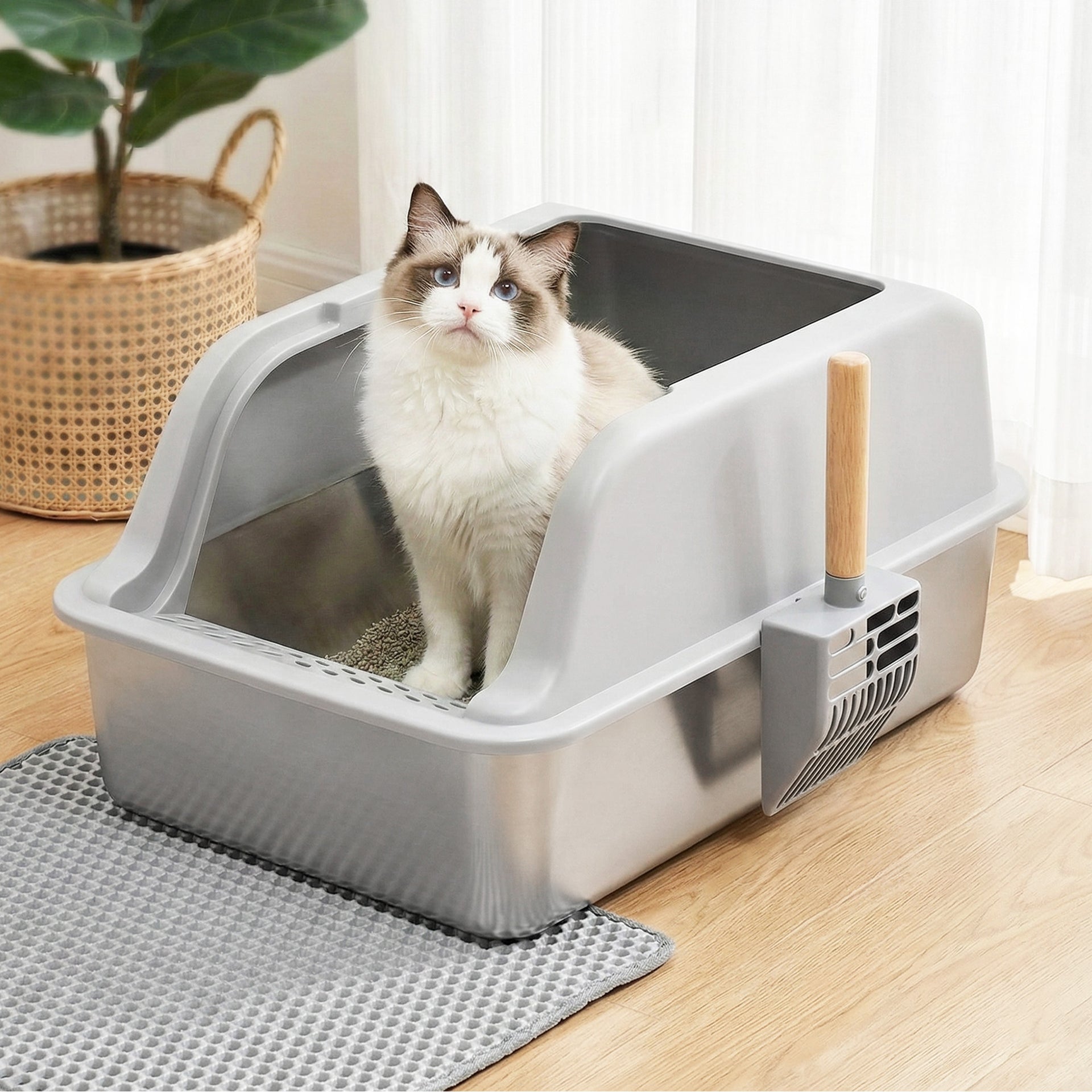 i.Pet Cat Litter Box Stainless Steel Large Semi-Enclosed Pet Kitty Toilet Grey Awezingly