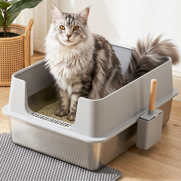 i.Pet XXL Cat Litter Box Stainless Steel Jumbo Semi-Enclosed Pet Kitty Toilet Grey Awezingly